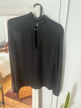 Theory Silk Black Keyhole Ruffle Neck Blouse